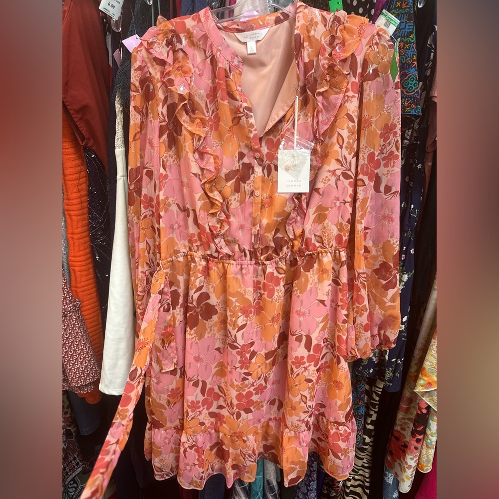LC Lauren Conrad Pink and Orange Floral Midi Dress